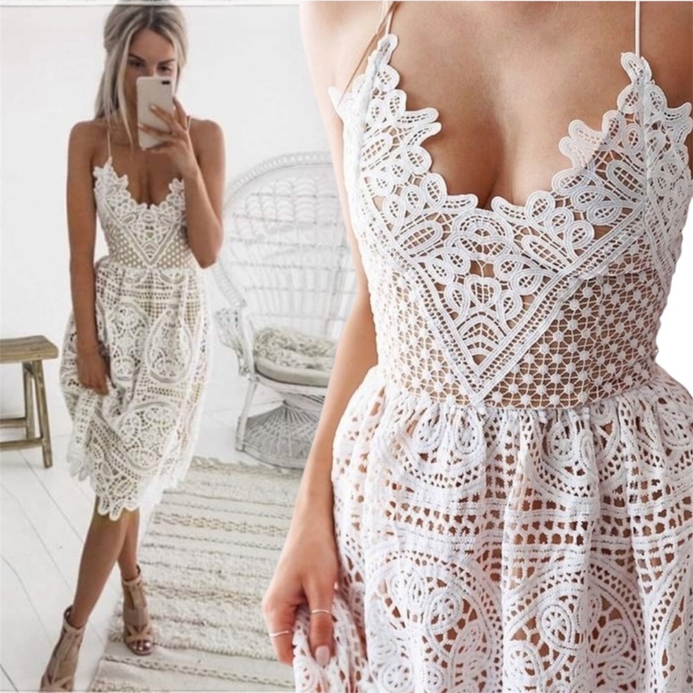 Chicwish Moonlit Night Crochet Cami Dress Women XS Boho Open Back Lace-Up - Picture 2 of 13
